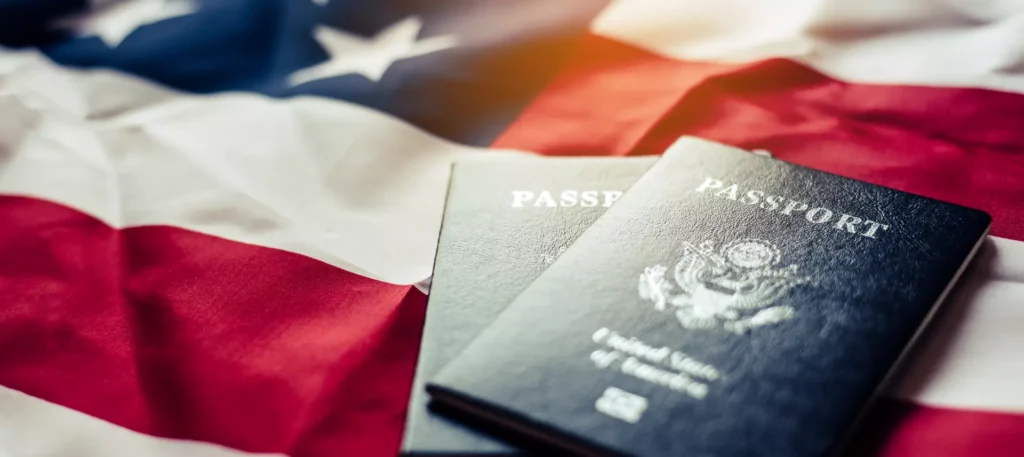 U.S. passports on American flag